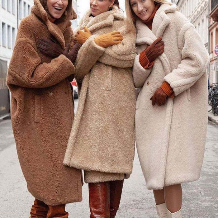 Lapel Lamb Fleece Coat With Pockets Faux Fur Coat Winter Warm Thickening Long Windbreaker Women's Clothing